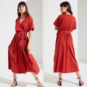 UO Gabrielle Linen Midi Wrap Dress in Rust